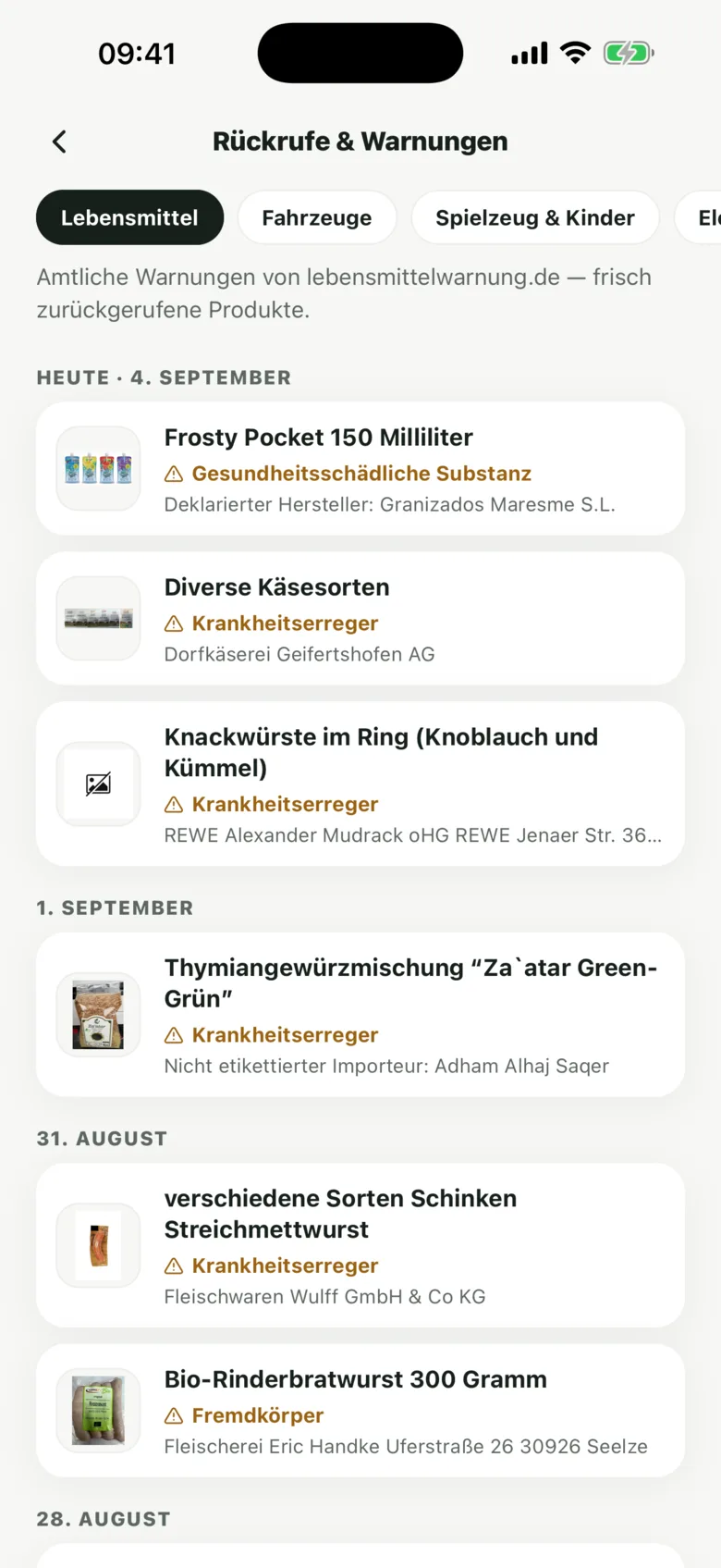 Frag Ron zeigt Rueckrufe und Warnungen: amtliche Meldungen von lebensmittelwarnung.de, je mit Grund und Datum.